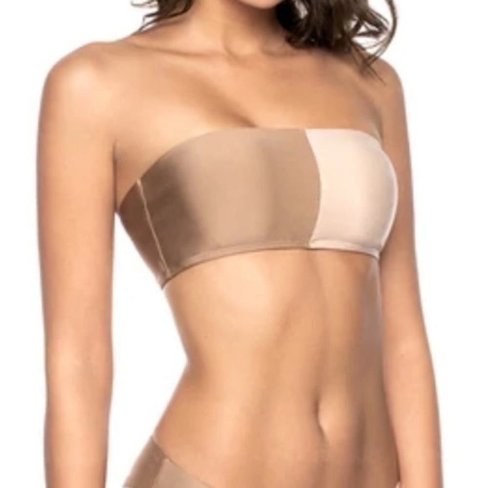 NWT PilyQ Two Tone Metallic Bandeau Swim Suit Bikini Top Womens L PQ Sandstone